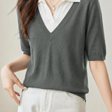 Casual Fake Two-Piece Lapel Mid-Sleeve Knit Top