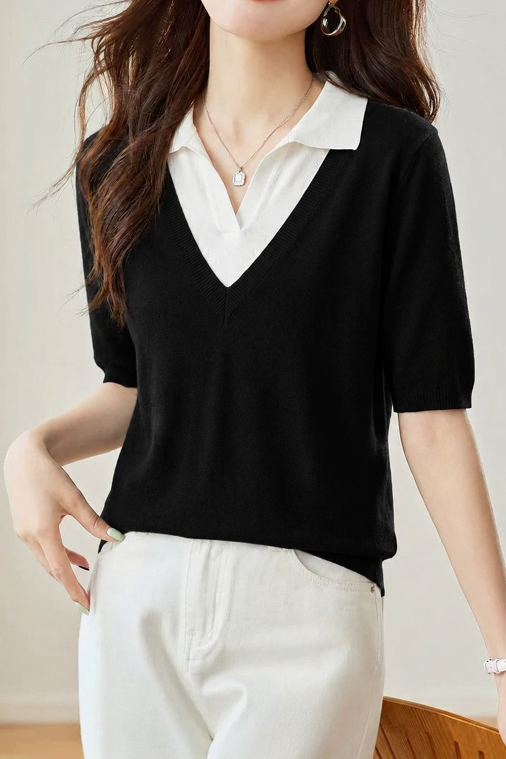 Casual Fake Two-Piece Lapel Mid-Sleeve Knit Top
