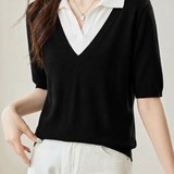 Casual Fake Two-Piece Lapel Mid-Sleeve Knit Top