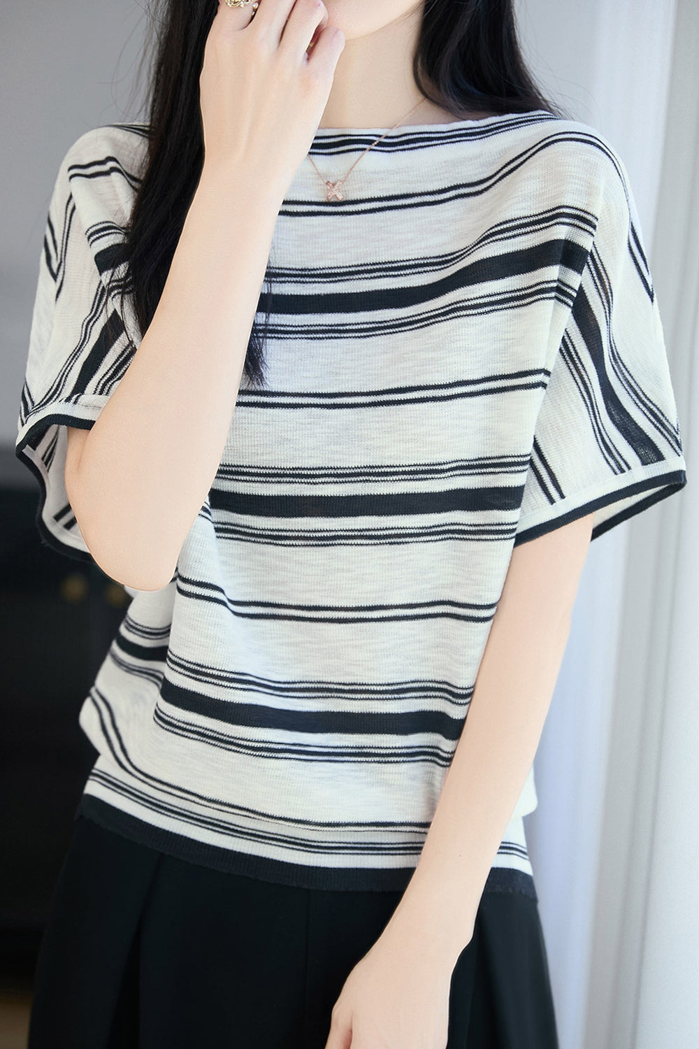Casual Striped Off-The-Shoulder Raglan Sleeve Knit Top