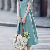 Elegant Puff Sleeve Waist Pleated Dress