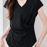 Elegant V-neck Waist-tight Irregular Short Sleeve Blouse