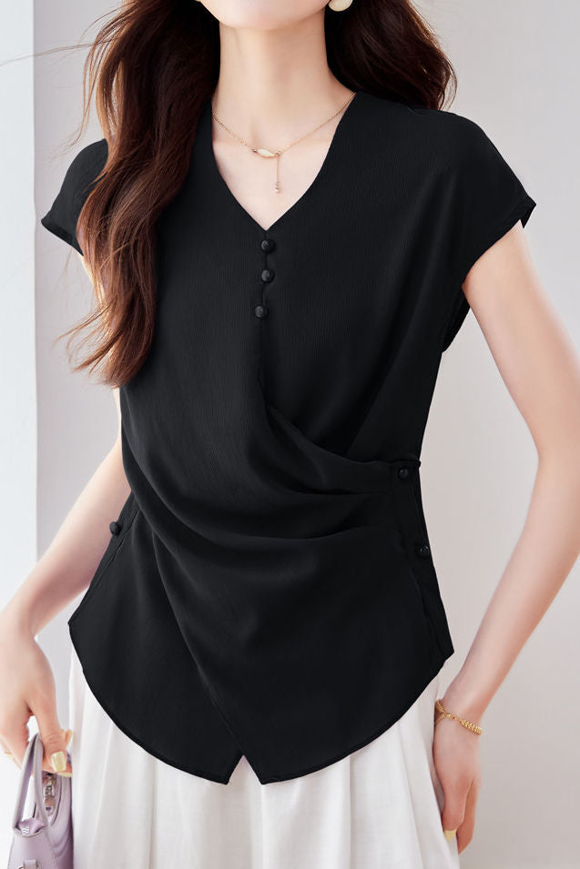 Elegant V-neck Waist-tight Irregular Short Sleeve Blouse