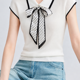 Elegant Commuter Polka Dot Scarf Collar Knit T-shirt
