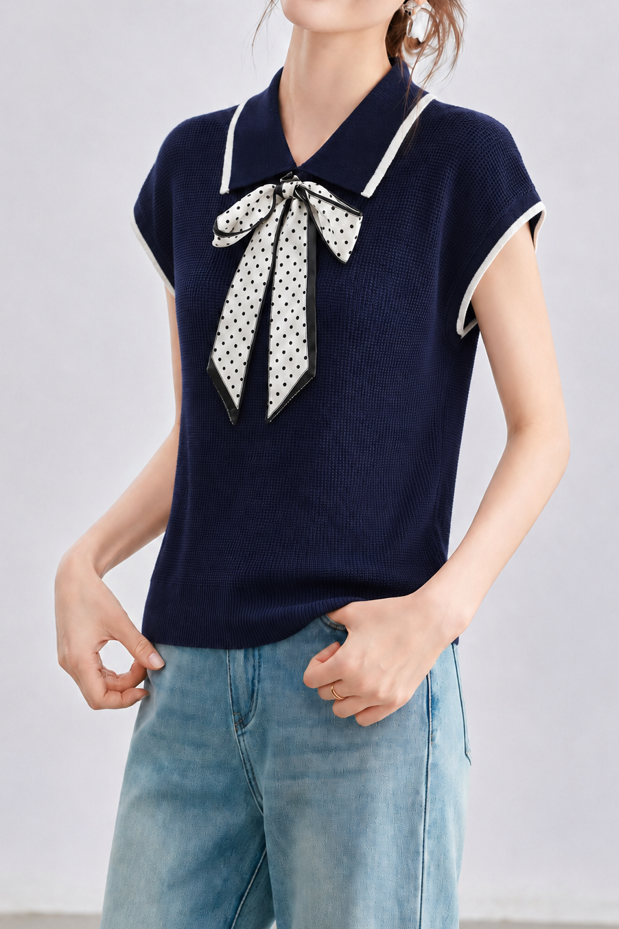 Elegant Commuter Polka Dot Scarf Collar Knit T-shirt