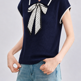 Elegant Commuter Polka Dot Scarf Collar Knit T-shirt