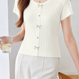 Gentle Commuter Bow Faux Button Knit T-shirt