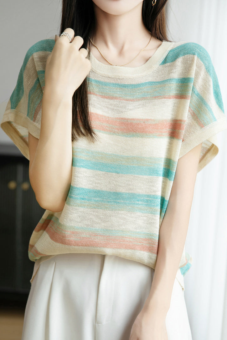 Casual Gradient Stripe Raglan Sleeve Knit Top