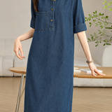 Casual Lapel Half Placket Loose Denim Dress