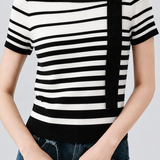 Elegant Color-Block Black And White Stripe Short Sleeve Knit Top