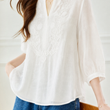 Casual Textured Embroidered Lantern Sleeve Shirt