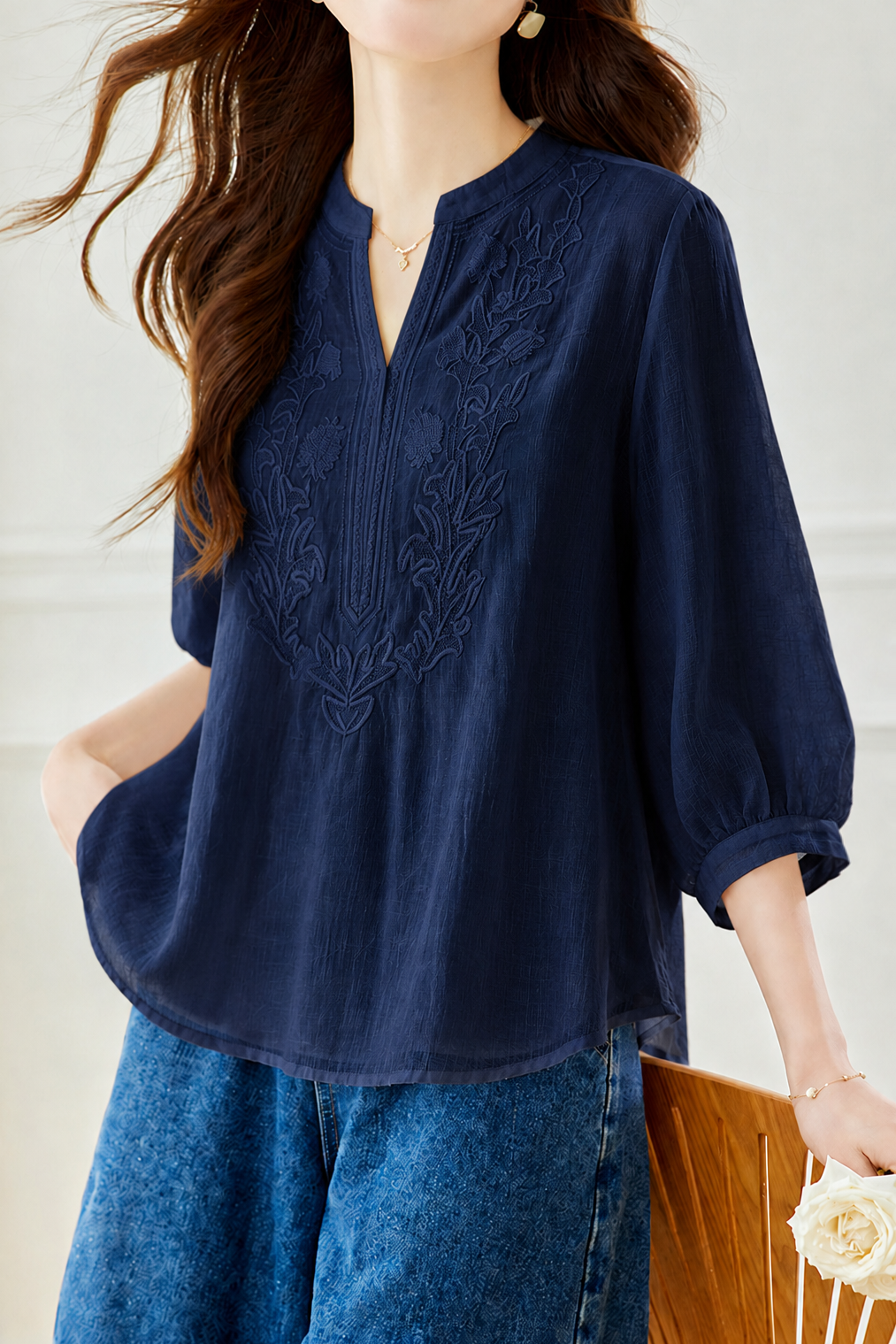 Casual Textured Embroidered Lantern Sleeve Shirt