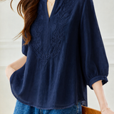 Casual Textured Embroidered Lantern Sleeve Shirt