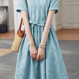 Temperament Jacquard Tie Short-Sleeve Dress