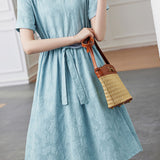 Temperament Jacquard Tie Short-Sleeve Dress