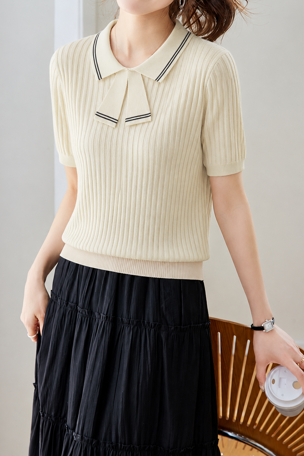 Temperament Commute Bow Knit Short-Sleeve Top