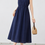 Literary Commute Round Neck Embroidered Linen Dress
