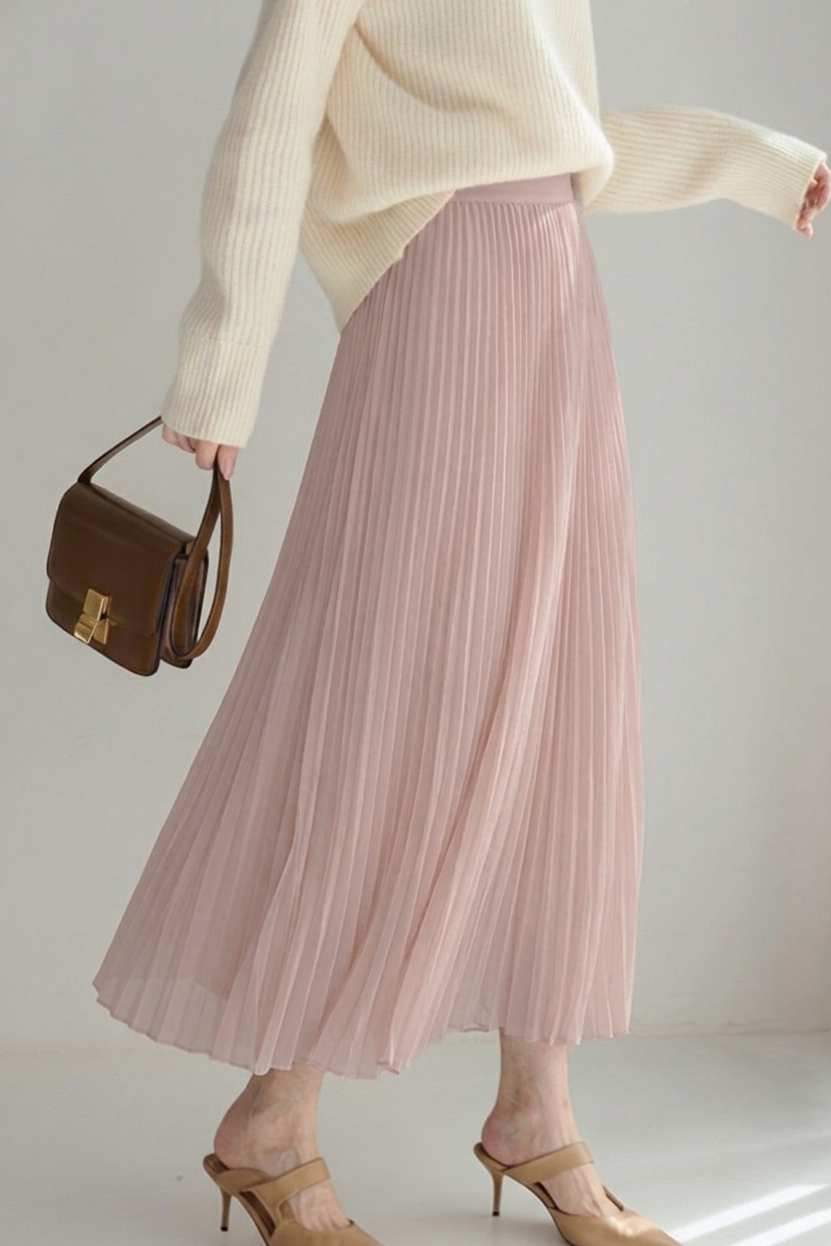 Casual High Waist Pleated Long Skirt