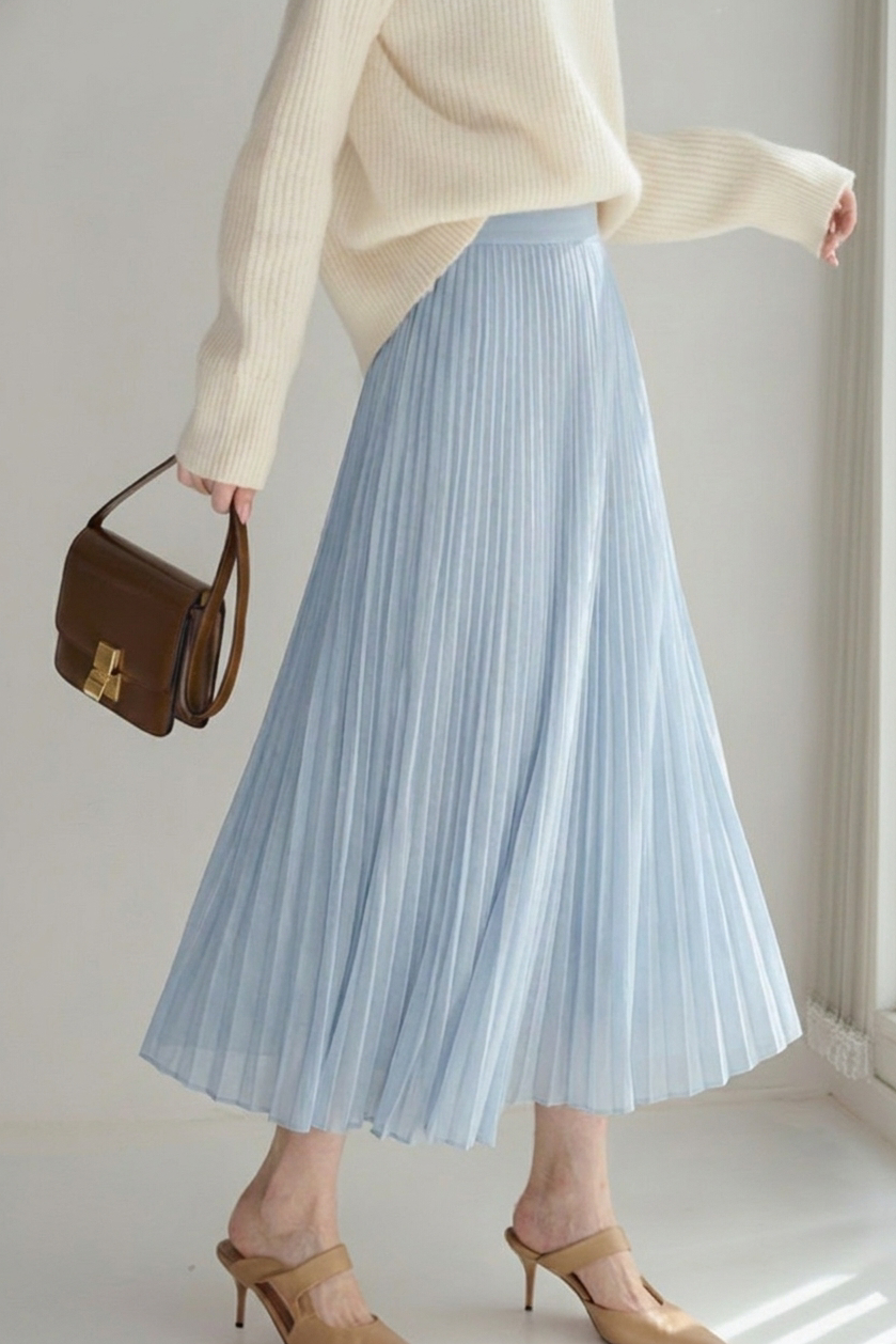 Casual High Waist Pleated Long Skirt