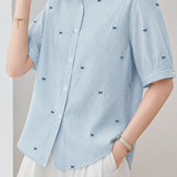 Fresh Commuter Bow Embroidery Blue And White Striped Shirt