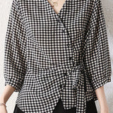 French Commuter Black And White Plaid Oblique Front Tie Shirt