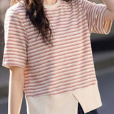 Casual Color Block Spliced Striped Short Sleeve T-Shirt