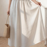 Casual Linen Elastic Waist Straight Midi Skirt