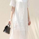 Elegant Pleated Dress With Hollow Embroidery And Tassels