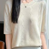 Elegant Short-Sleeve Knit Top With Water Ripple Pattern