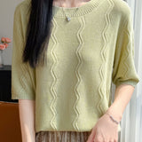 Elegant Short-Sleeve Knit Top With Water Ripple Pattern