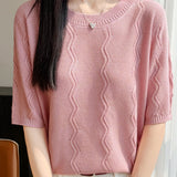 Elegant Short-Sleeve Knit Top With Water Ripple Pattern