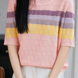 Elegant Striped Short-Sleeve Knit Top With Round Neck