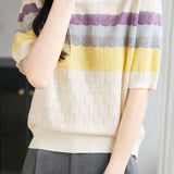 Elegant Striped Short-Sleeve Knit Top With Round Neck