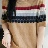 Elegant Striped Short-Sleeve Knit Top With Round Neck