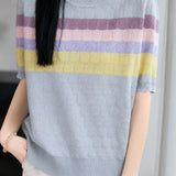 Elegant Striped Short-Sleeve Knit Top With Round Neck