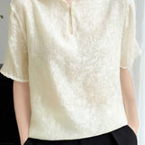 Elegant Mandarin Collar Frog Button Short-Sleeve Shirt