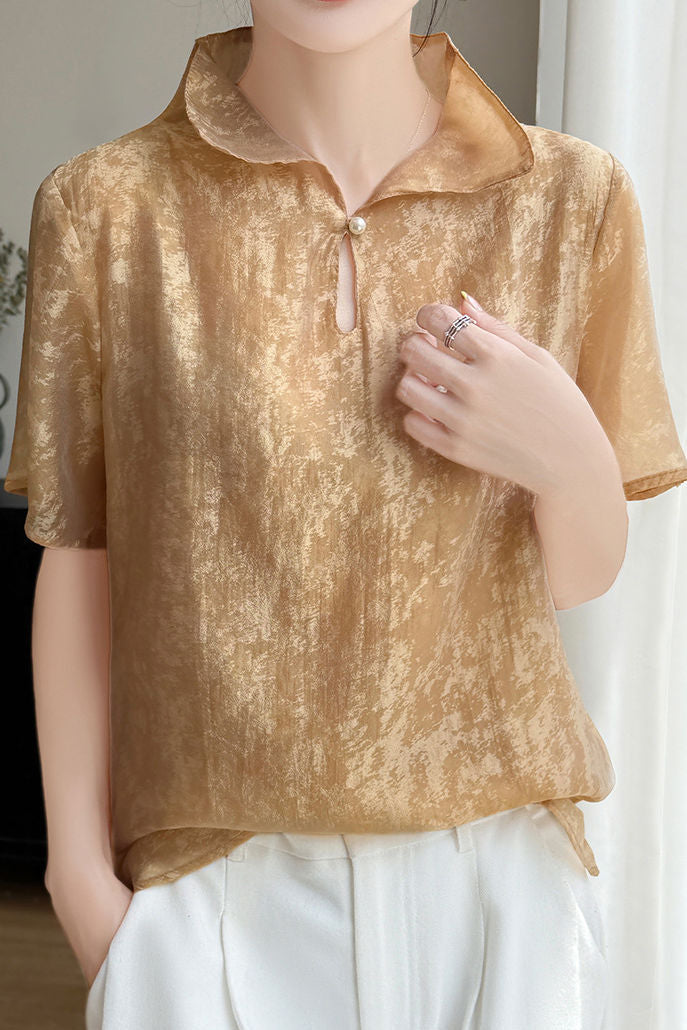 Elegant Mandarin Collar Frog Button Short-Sleeve Shirt