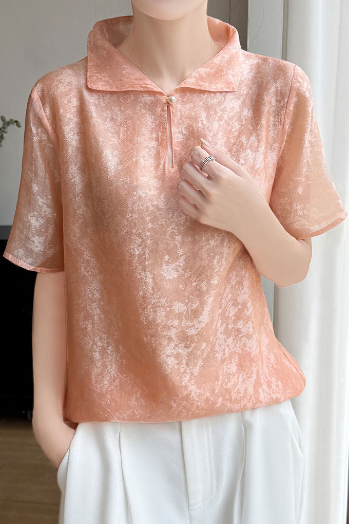 Elegant Mandarin Collar Frog Button Short-Sleeve Shirt