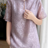 Elegant Mandarin Collar Frog Button Short-Sleeve Shirt