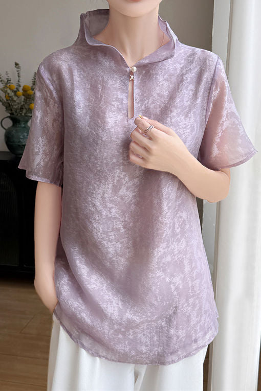 Elegant Mandarin Collar Frog Button Short-Sleeve Shirt
