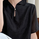 Elegant Mandarin Collar Frog Button Short-Sleeve Shirt
