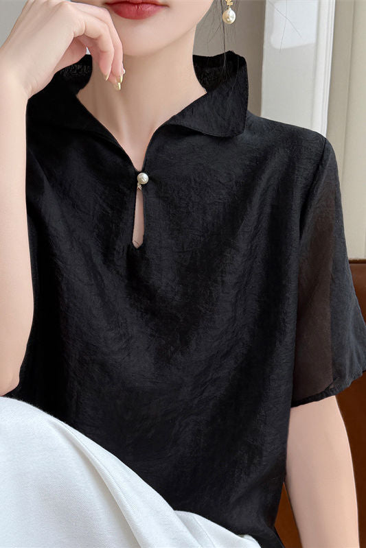 Elegant Mandarin Collar Frog Button Short-Sleeve Shirt