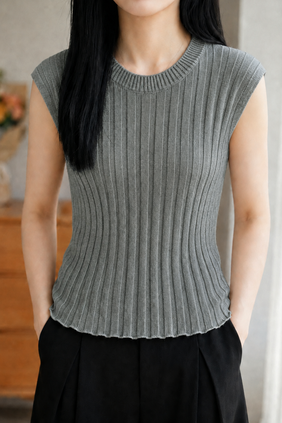 Elegant Ribbed Silk Knit Tank Top
