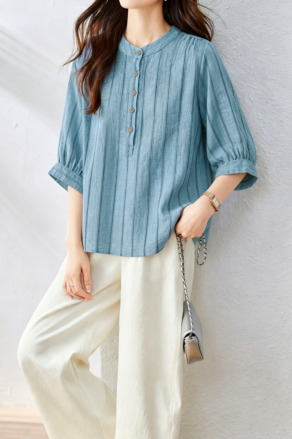 Casual Minimalist Vertical Striped Batwing Sleeve Shirt