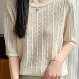 Elegant Tiny Wavy Hollow-out Short Sleeve Knit Top