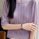 Elegant Tiny Wavy Hollow-out Short Sleeve Knit Top