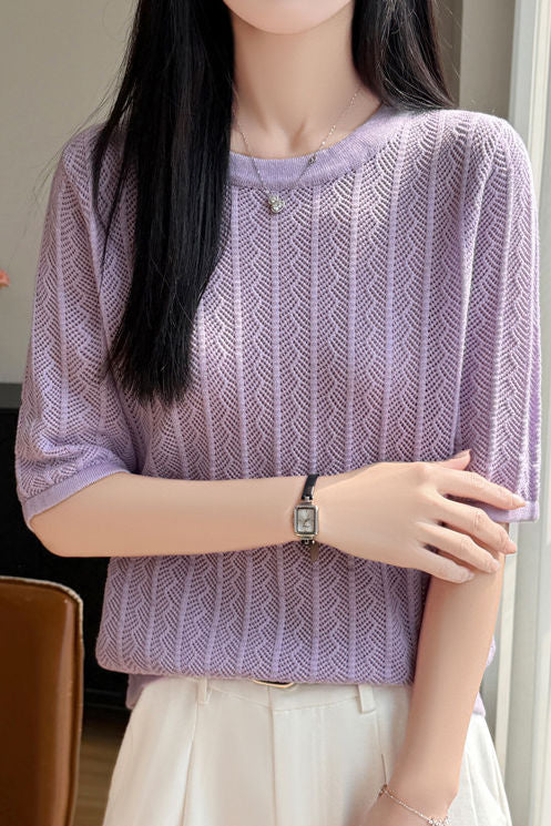 Elegant Tiny Wavy Hollow-out Short Sleeve Knit Top
