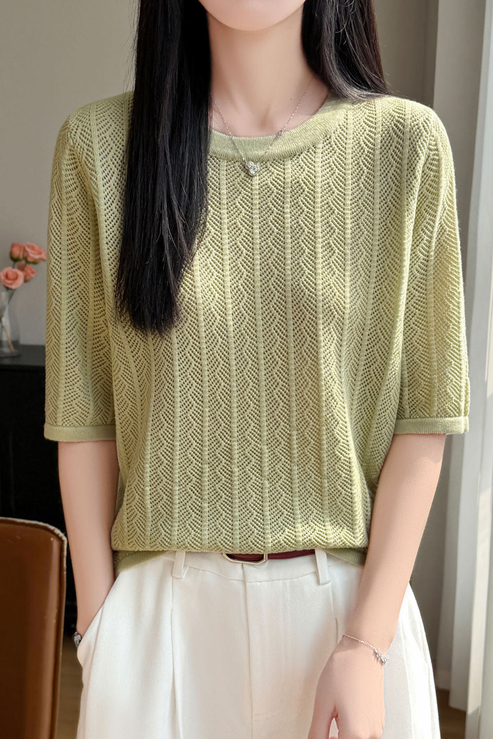 Elegant Tiny Wavy Hollow-out Short Sleeve Knit Top