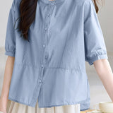 French Elegant Mandarin Collar Short Sleeve Blouse