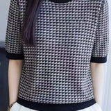 Elegant Crew Neck Color Block Plaid Knit Top